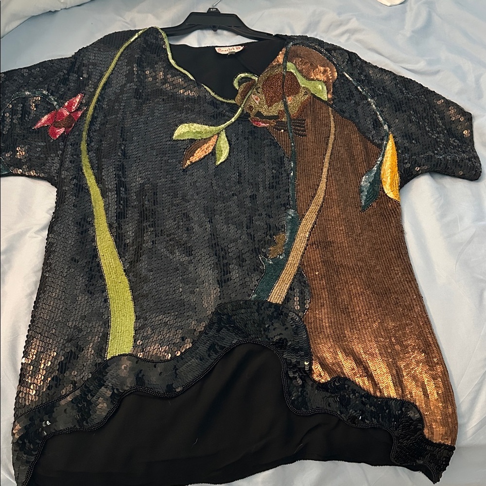 Vintage 1980’s Scarlett D. Black 100% Silk Multi Color Sequin Tunic Top Size M
